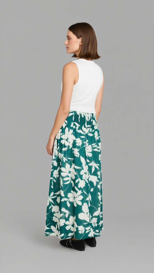 AIIZIE AFFINITY FOREST FLORAL SHIRRED BACK TIERED MAXI SKIRT - product image