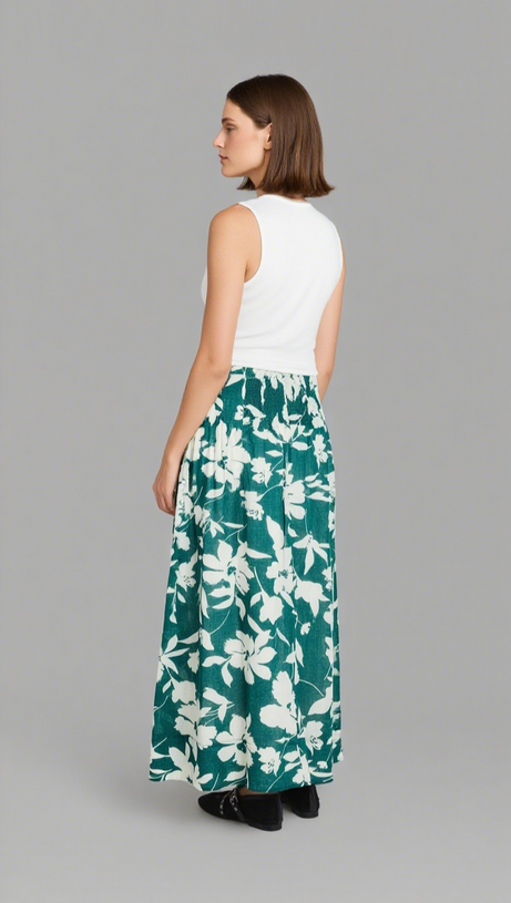 AFFINITY FOREST FLORAL SHIRRED BACK TIERED MAXI SKIRT