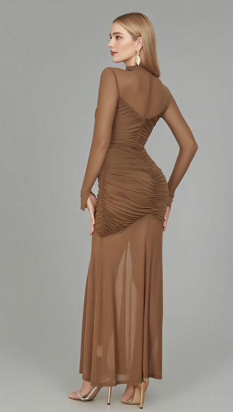 MESH - SLEEVE RUCHED HIGH - NECK MAXI DRESS IN BROWN