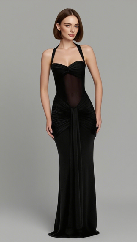 HALTER NECK TWIST CUTOUT RUCHED MAXI DRESS IN BLACK