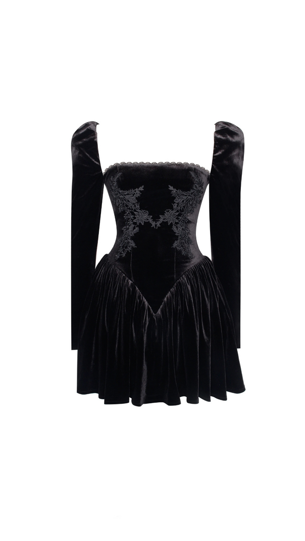 AIIZIE YOLANDA BLACK VELVET LONG SLEEVE MINI DRESS WITH LACE TRIM - product image
