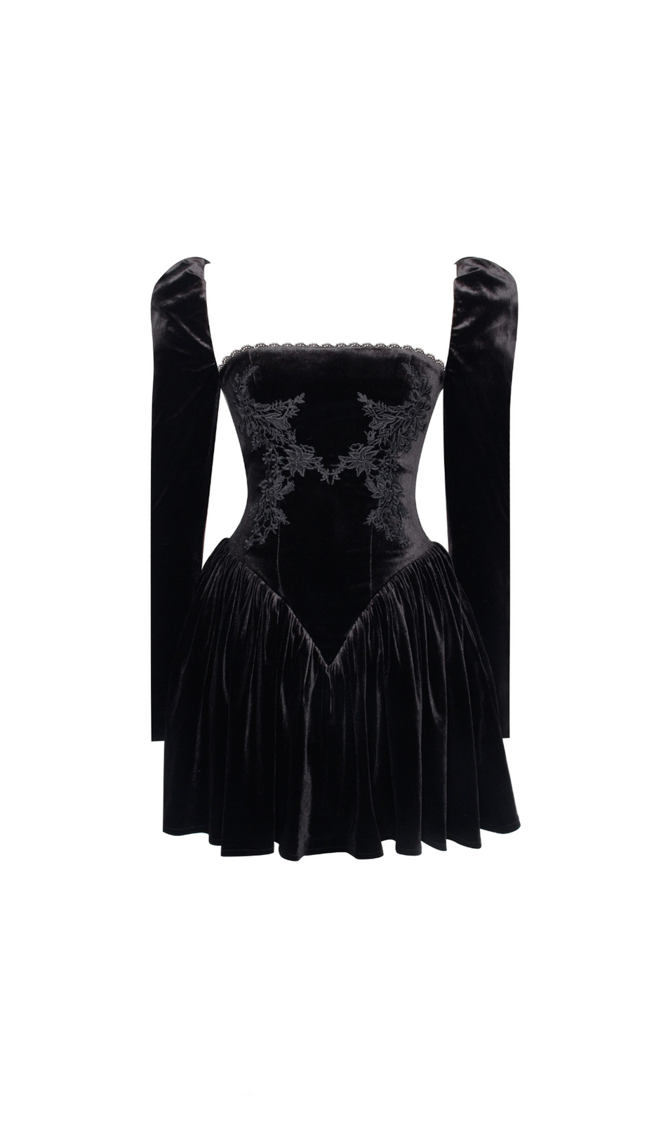 YOLANDA BLACK VELVET LONG SLEEVE MINI DRESS WITH LACE TRIM