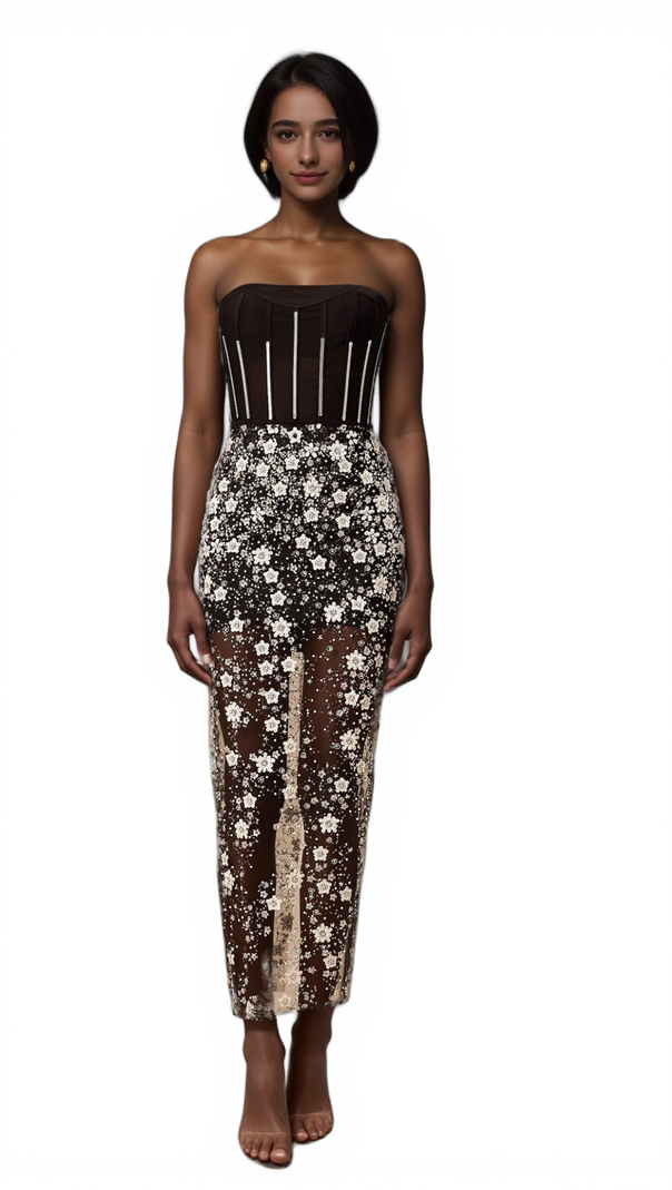 AIIZIE OPHÉLIE BLACK SEQUINED FLOWER CORSET MIDI DRESS - product image