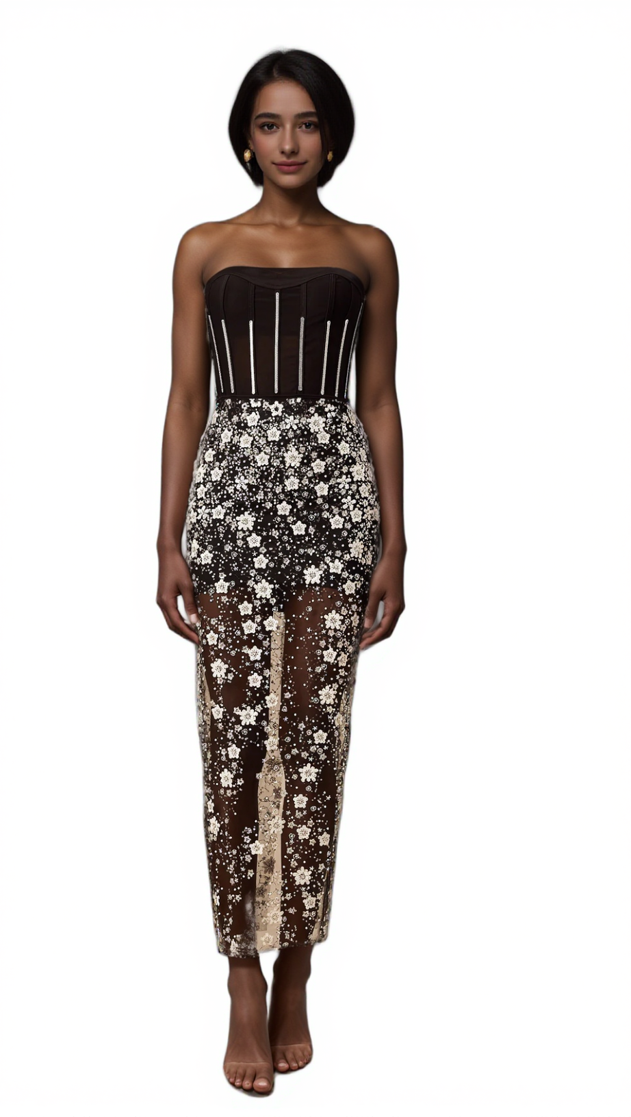 OPHÉLIE BLACK SEQUINED FLOWER CORSET MIDI DRESS