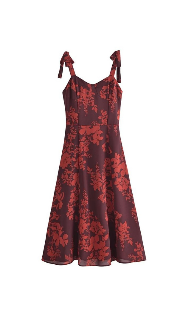 AIIZIE FLORAL PRINT BOWKNOT STRAP MIDI DRESS IN BURGUNDY - product image