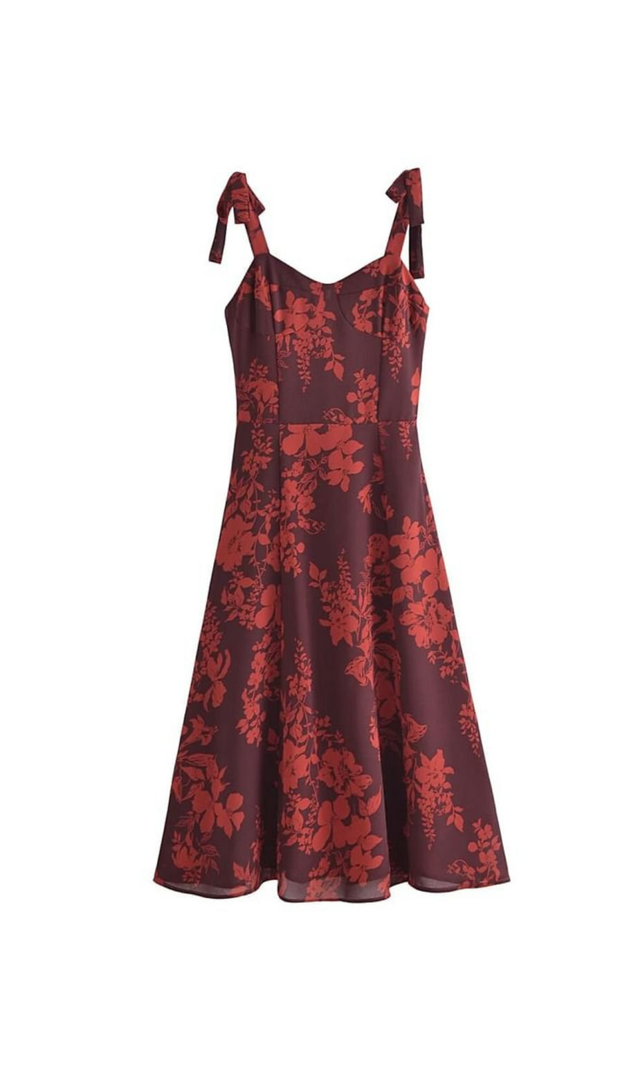 abito midi con stampa floreale e spalline a fiocco color bordeaux
