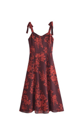 floral print bowknot strap midi dress in burgundy