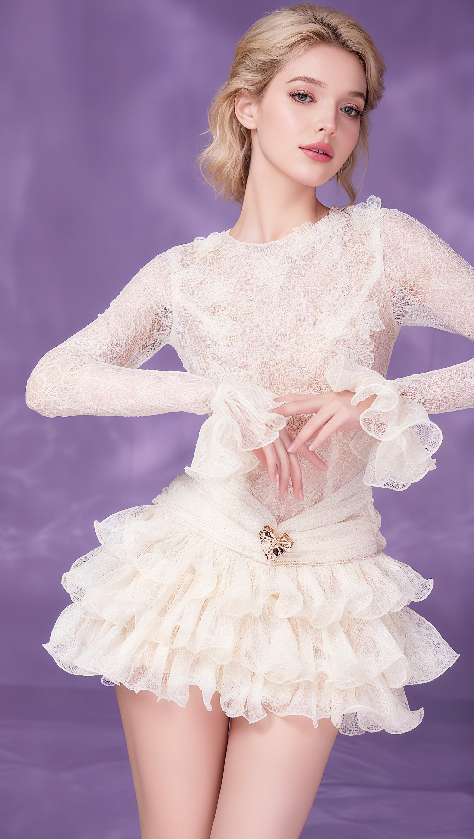 AIIZIE EUDORA LACE EMBROIDERY RUCHED TRIM MINI DRESS IN WHITE - product image