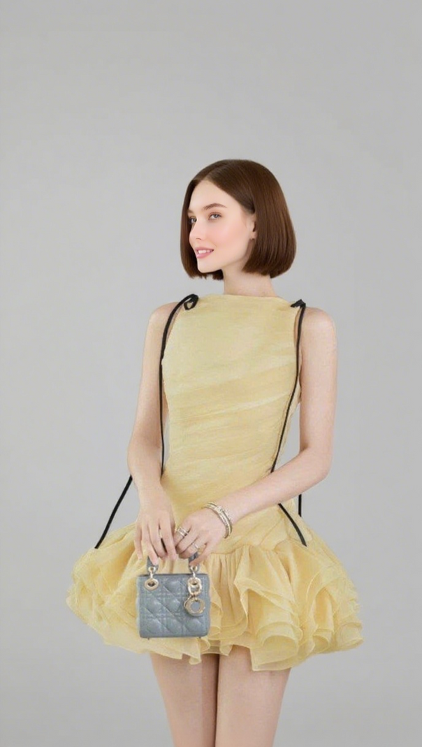 AIIZIE RUCHED RUFFLE HEM SLEEVELESS MINI DRESS IN YELLOW - product image