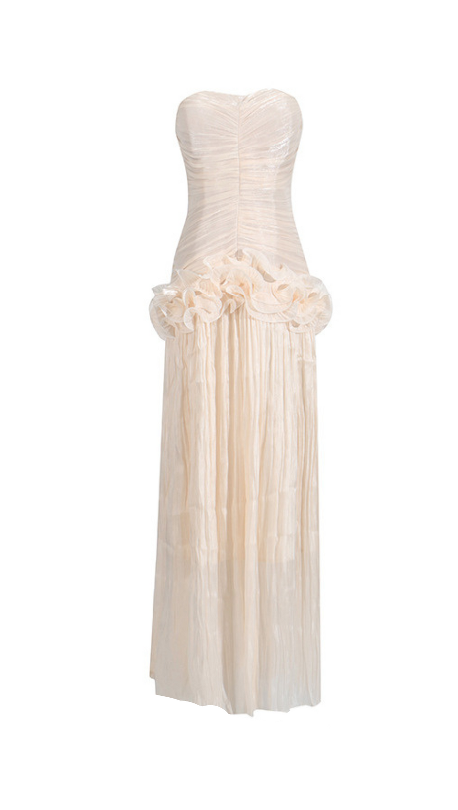RUFFLE-EMBELLISHED PLEATED MAXI DRESS IN APRICOT