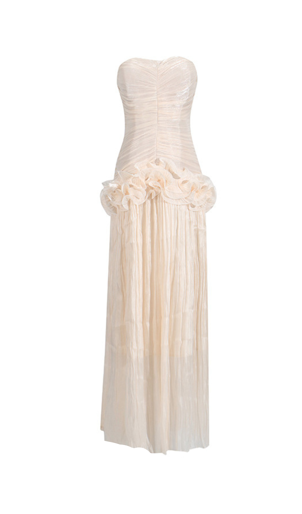 RUFFLE-EMBELLISHED PLEATED MAXI DRESS IN APRICOT