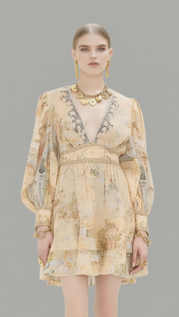 AIIZIE MULTICOLOR FLORAL PRINT V-NECKLINE SILK LAYER MINI DRESS - product image