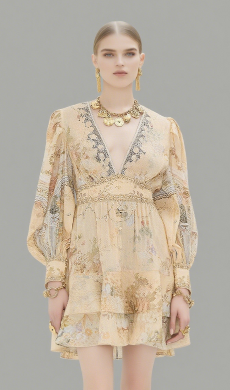 multicolor floral print v-neckline silk layer mini dress