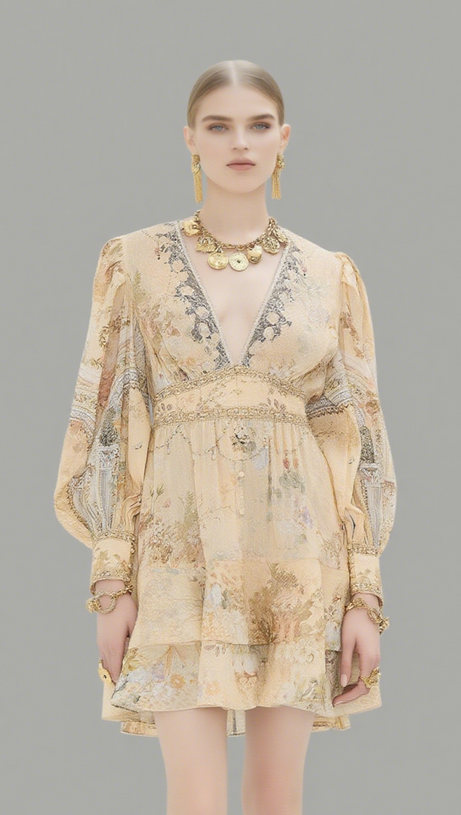 MULTICOLOR FLORAL PRINT V-NECKLINE SILK LAYER MINI DRESS