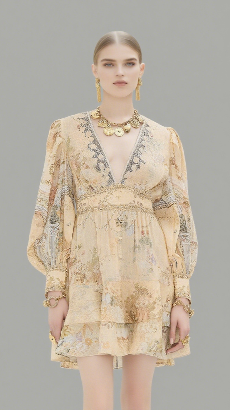 mehrfarbiges Minikleid aus Seide mit Blumenmuster und V-Ausschnitt