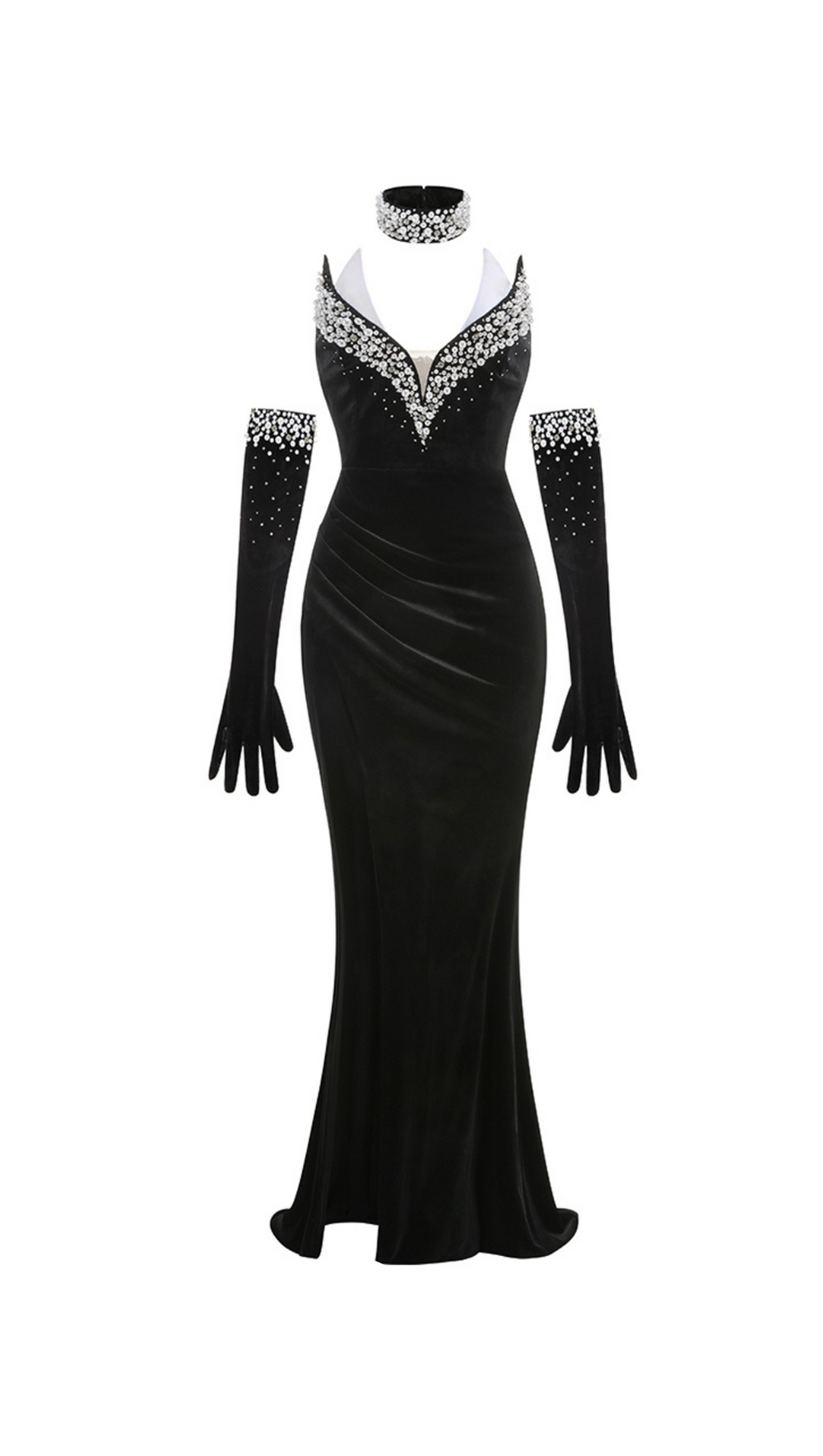 EMBROIDERED WITH WHITE PEARLS MAXI DRESS IN BLACK – AIIZIE