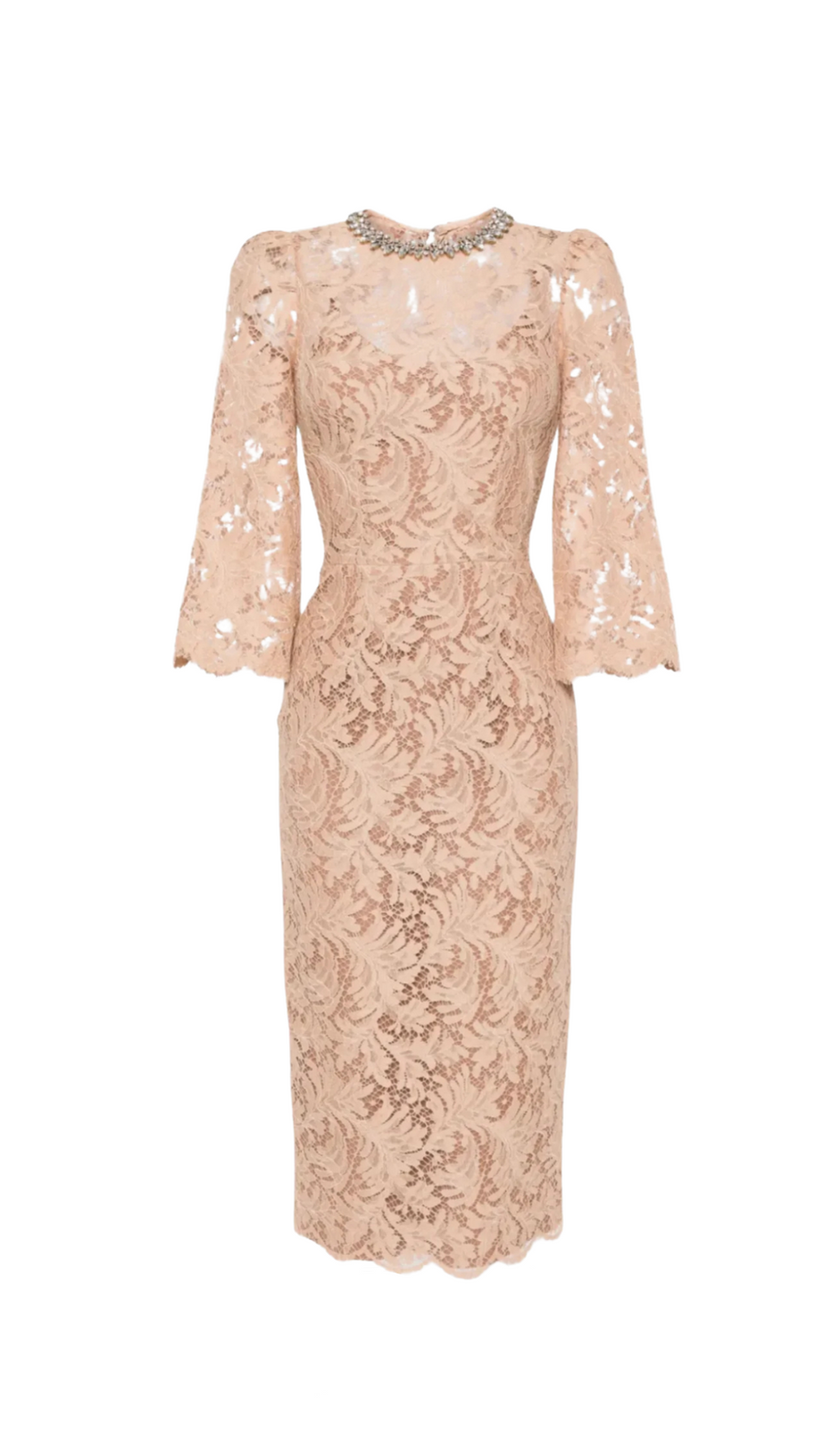 ACOTAS LACE CRYSTAL-EMBELLISHED MIDI DRESS IN NUDE