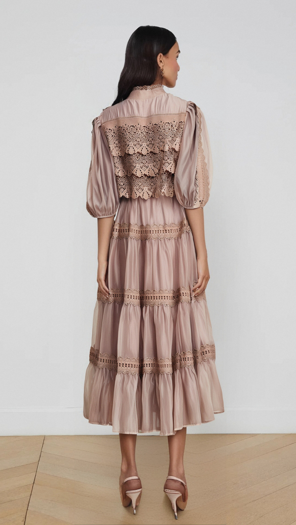 AIIZIE INÈS LACE CUT-OUT TIERED MIDI DRESS - product image