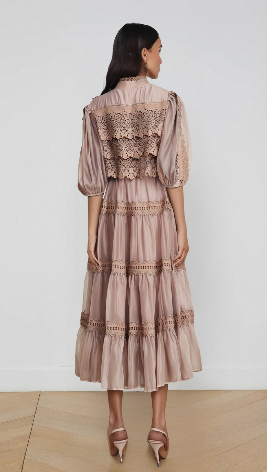 INÈS LACE CUT-OUT TIERED MIDI DRESS