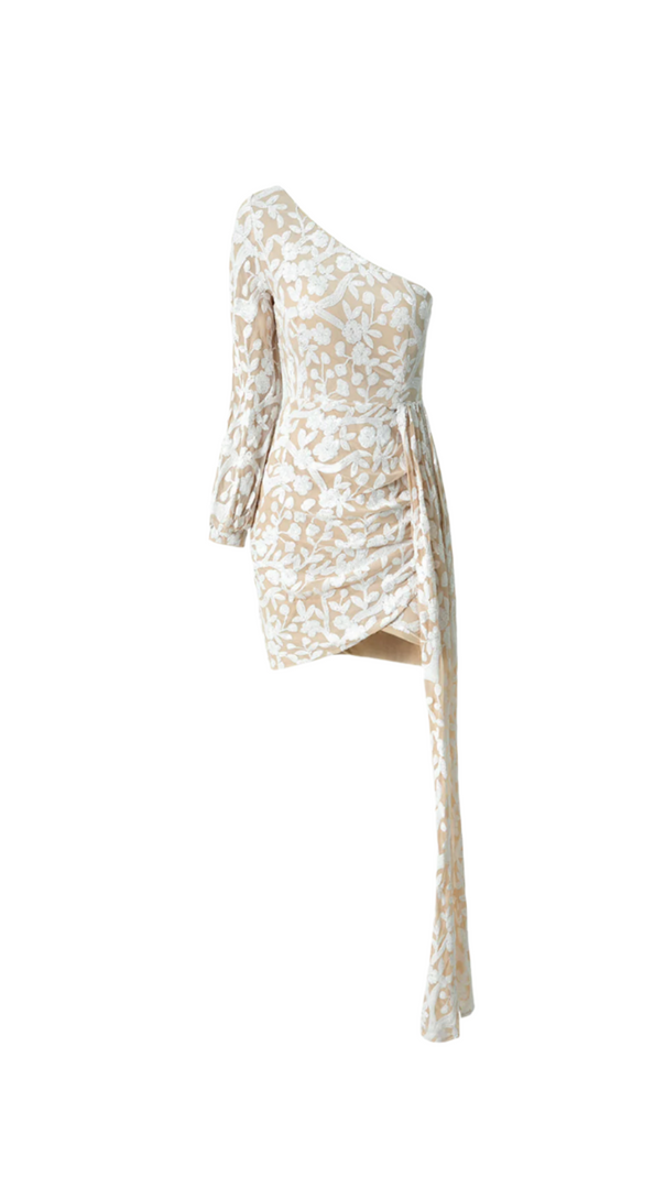 AIIZIE SARAH FLORAL ONE SHOULDER DRAPED MINI DRESS IN APRICOT - product image