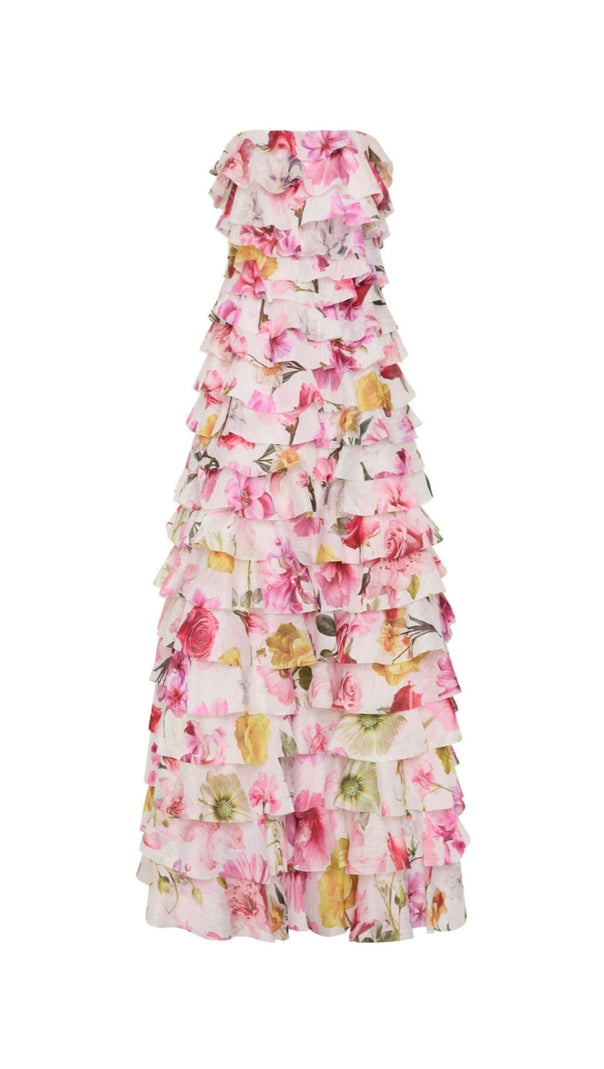 AIIZIE CATHY FLORAL PRINT PLEATED LAYER STRAPLESS MAXI DRESS IN PINK - product image
