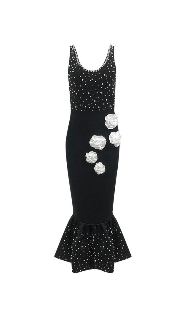 AIIZIE DORIS FLORAL PEARL EMBELLISHED MERMAID BLACK MAXI DRESS - product image