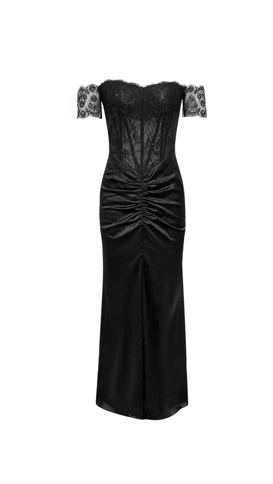 HELEN OFF-SHOULDER LACE RUCHED BODYCON BLACK MAXI DRESS