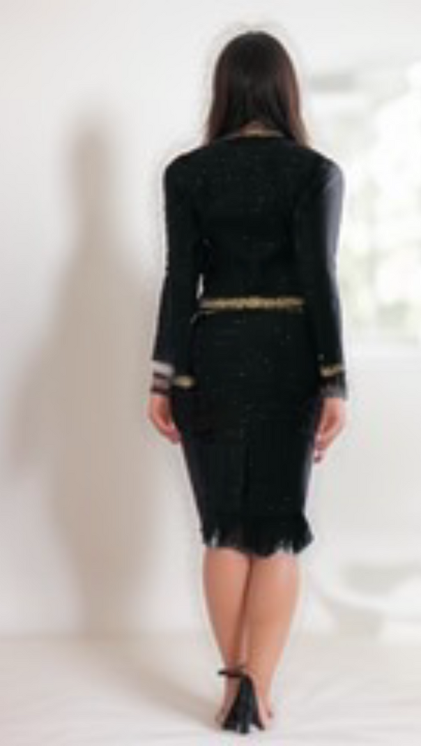 AIIZIE BLACK TWEED BLAZER AND SKIRT SET WITH GOLD TRIM AND FEATHER DETAILING - product image