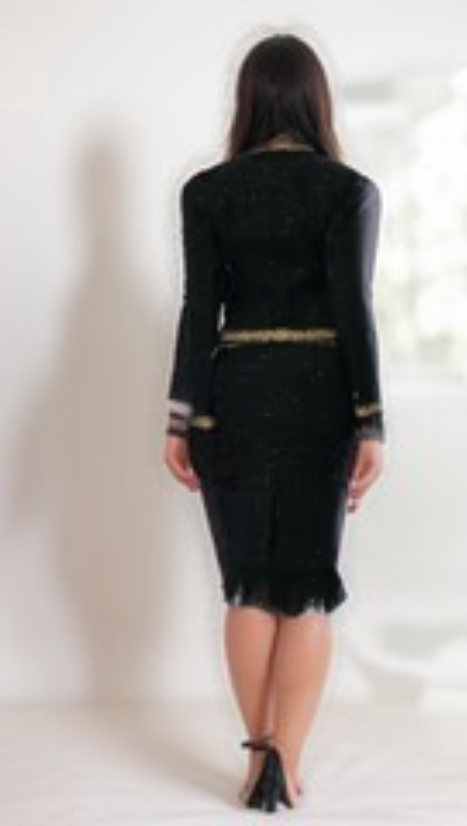 BLACK TWEED BLAZER AND SKIRT SET WITH GOLD TRIM AND FEATHER DETAILING