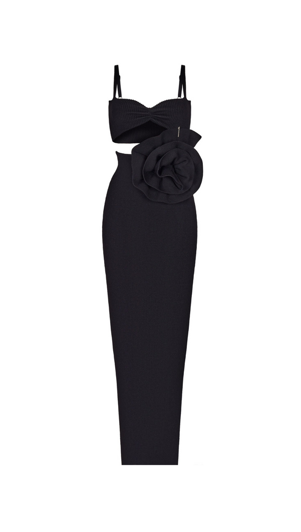 AIIZIE BLACK KNIT SUIT STRIPE TOP SKIRT WITH SLIT FLOWER - product image