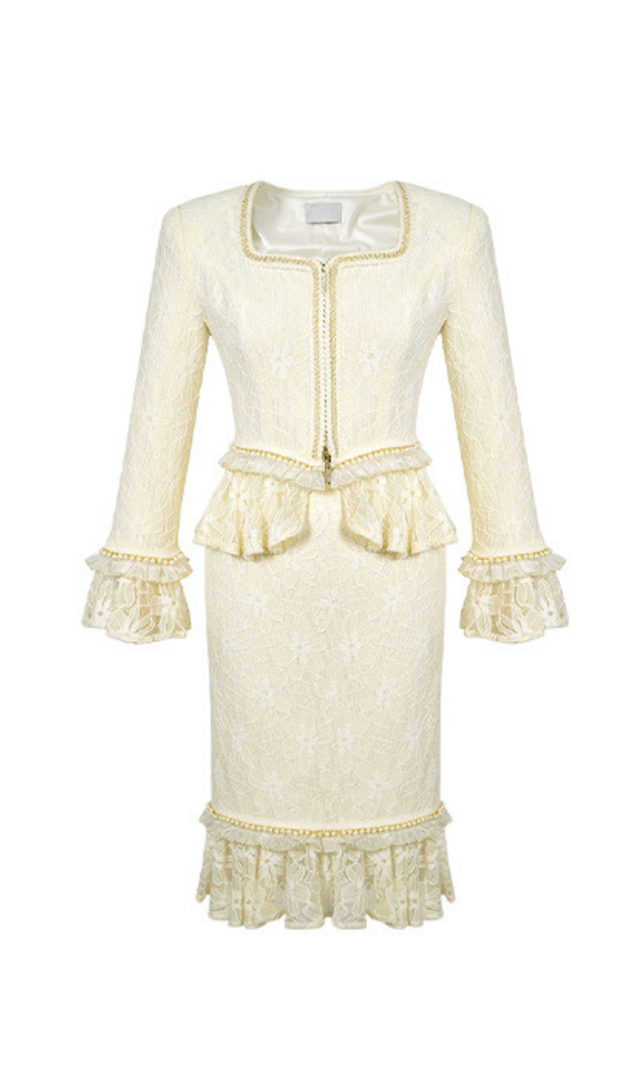 tailleur aderente con gonna in pizzo color avorio