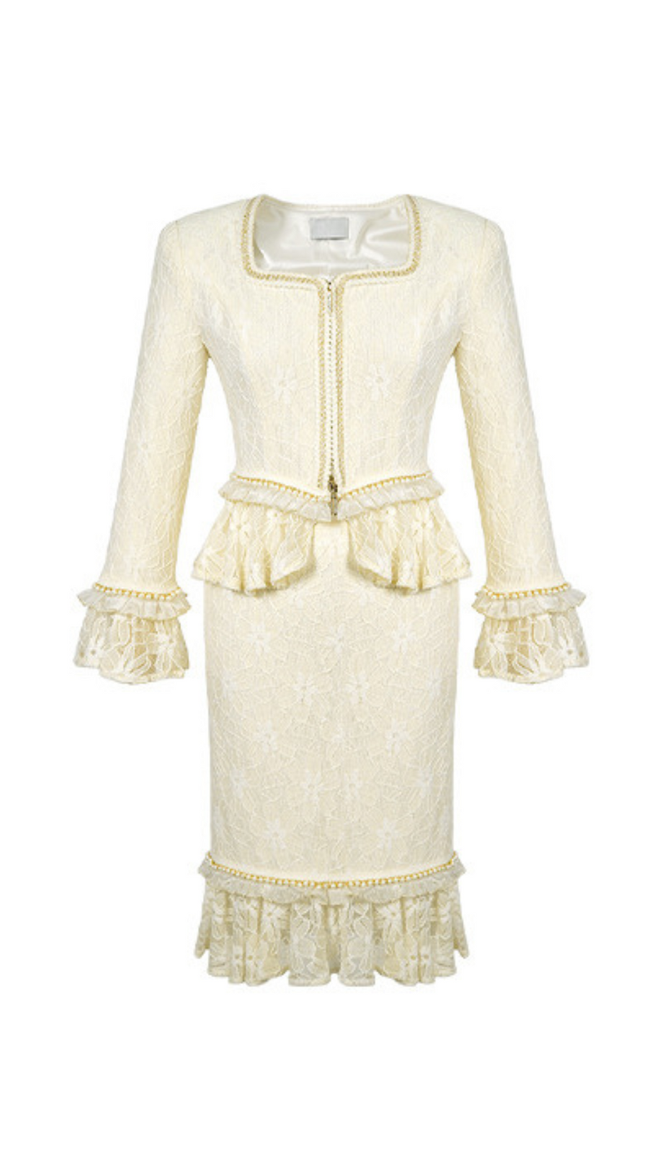 LACE TOP BODYCON SKIRT SUIT IN IVORY