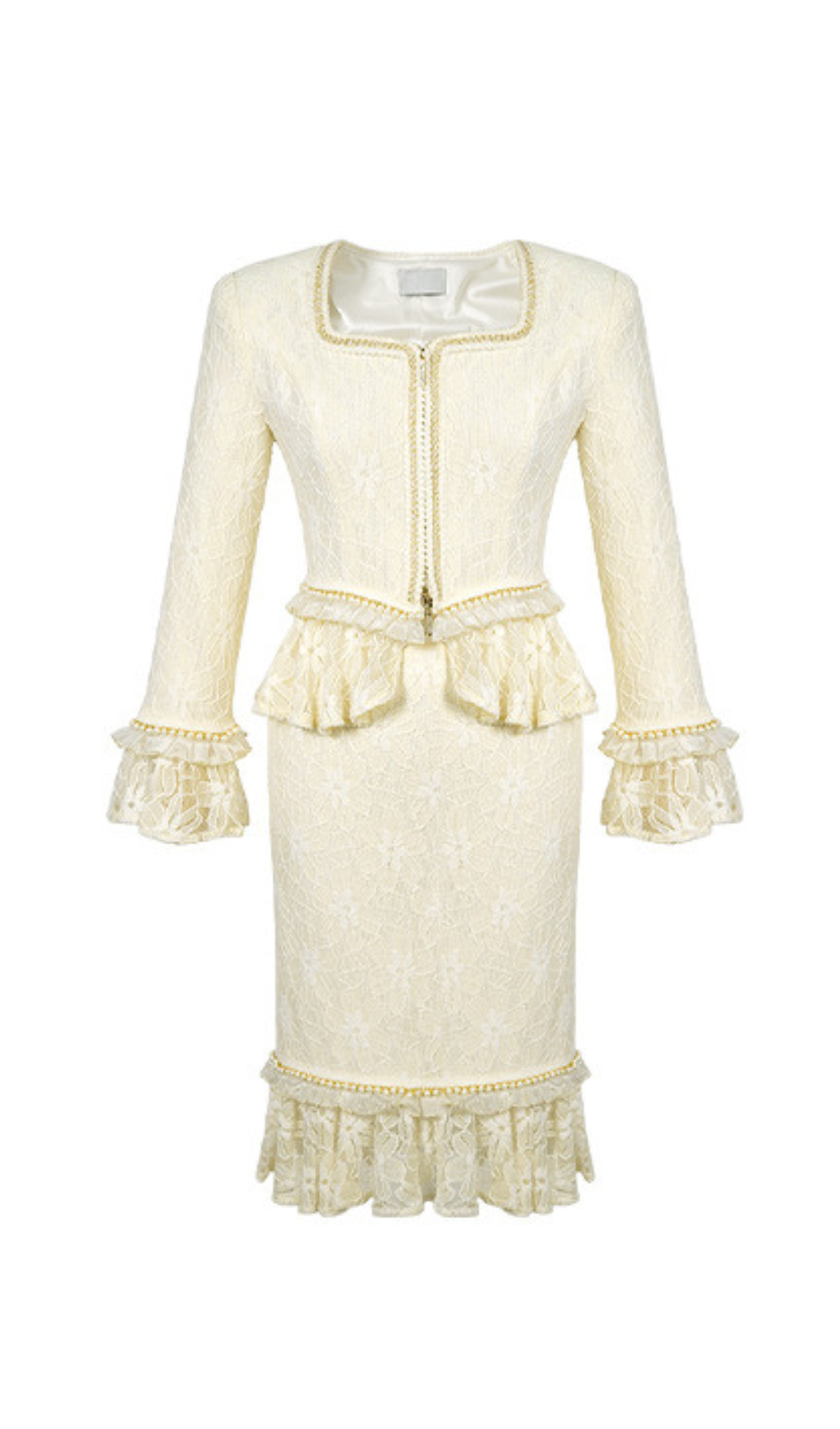 LACE TOP BODYCON SKIRT SUIT IN IVORY