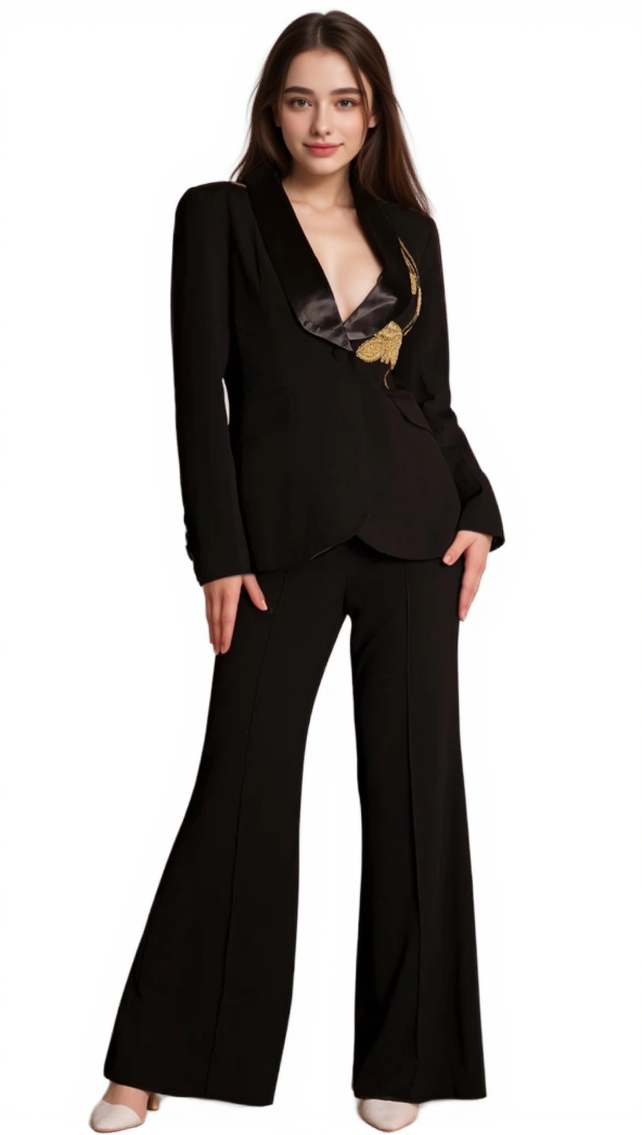 ANGELA PRIMATOU BLACK EMBROIDERED FLARED BLAZER SUIT