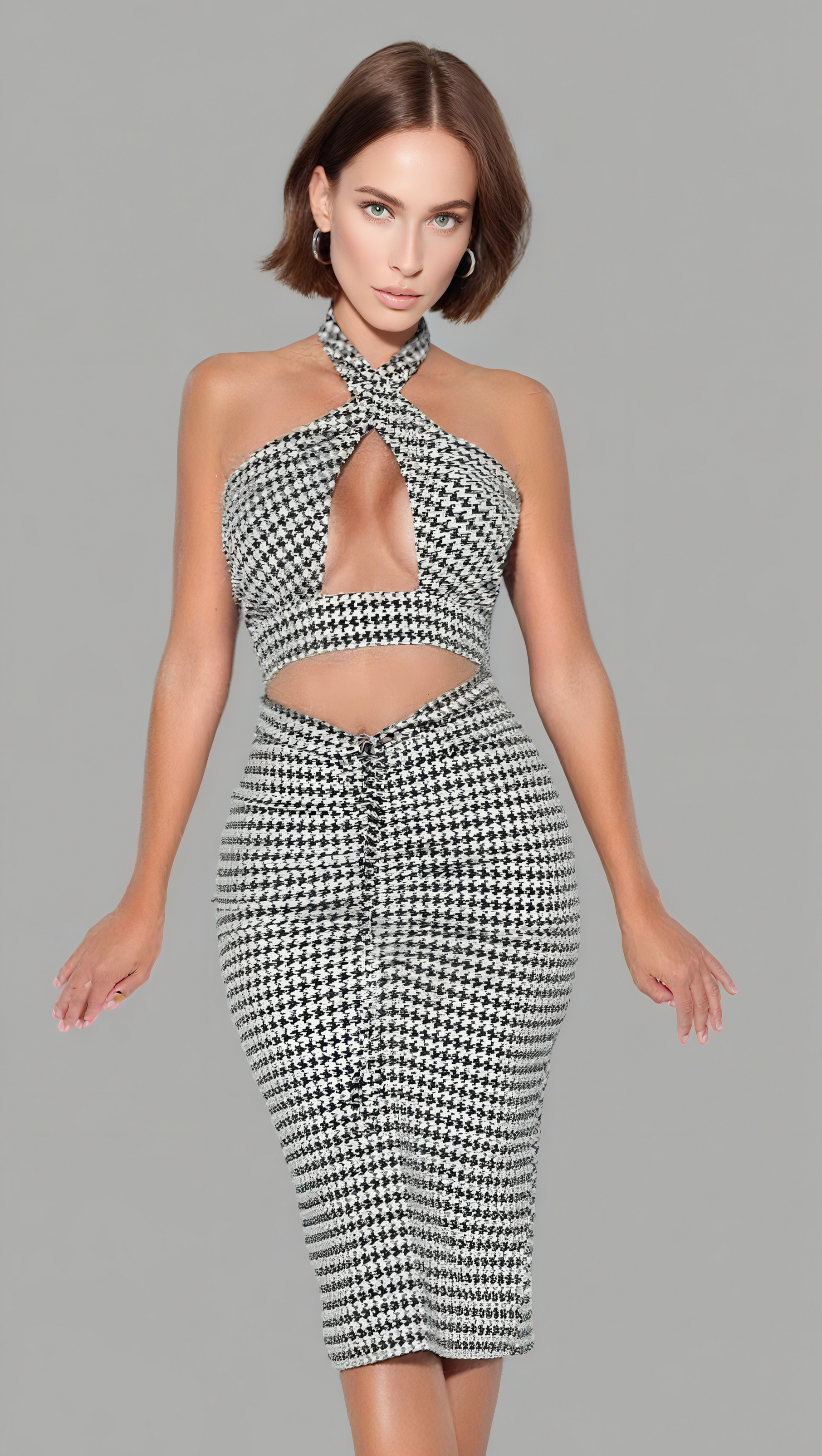 AIIZIE HOUNDSTOOTH CRISS CROSS HALTER NECK MIDI DRESS - product image