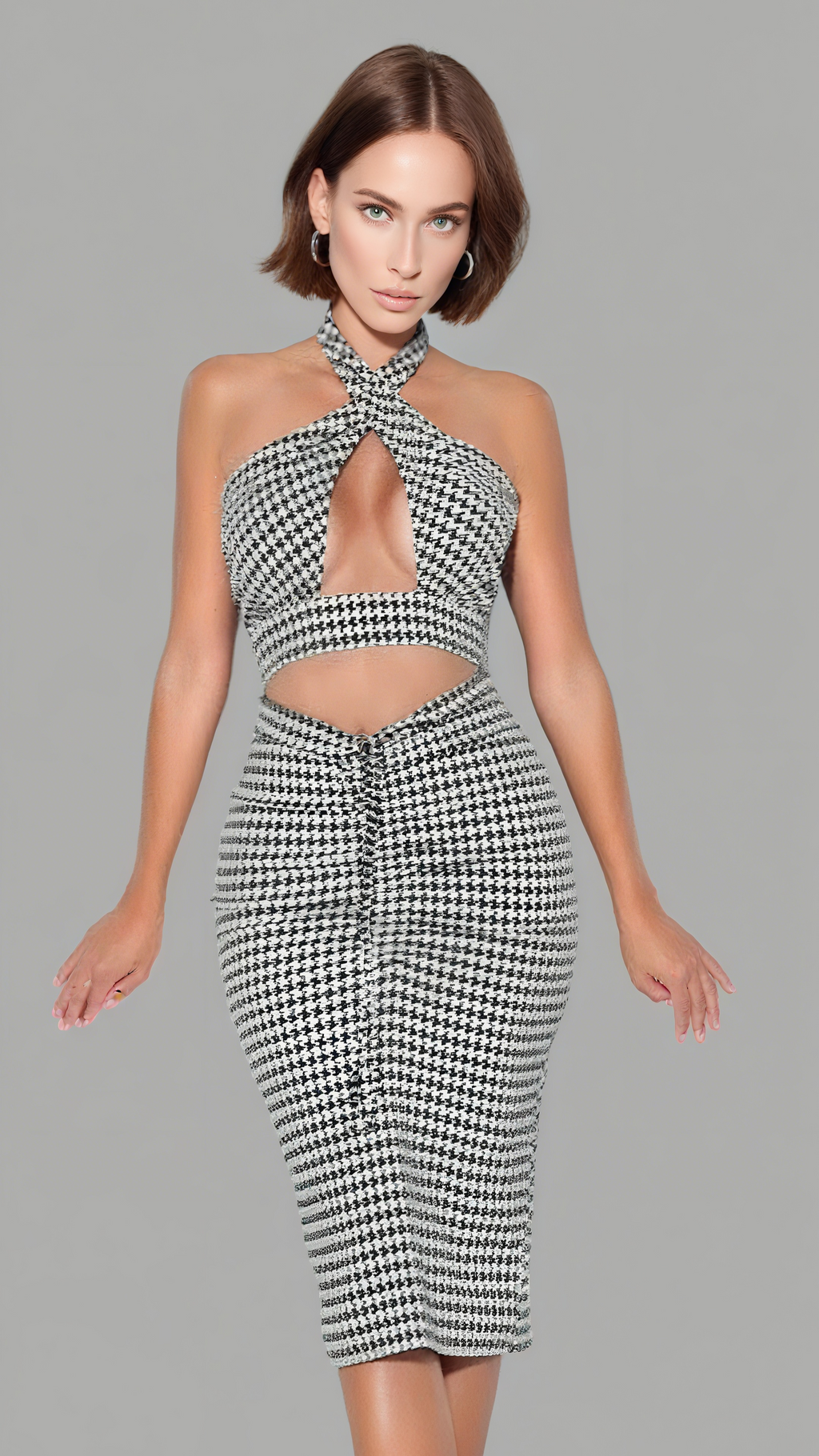 HOUNDSTOOTH CRISS CROSS HALTER NECK MIDI DRESS