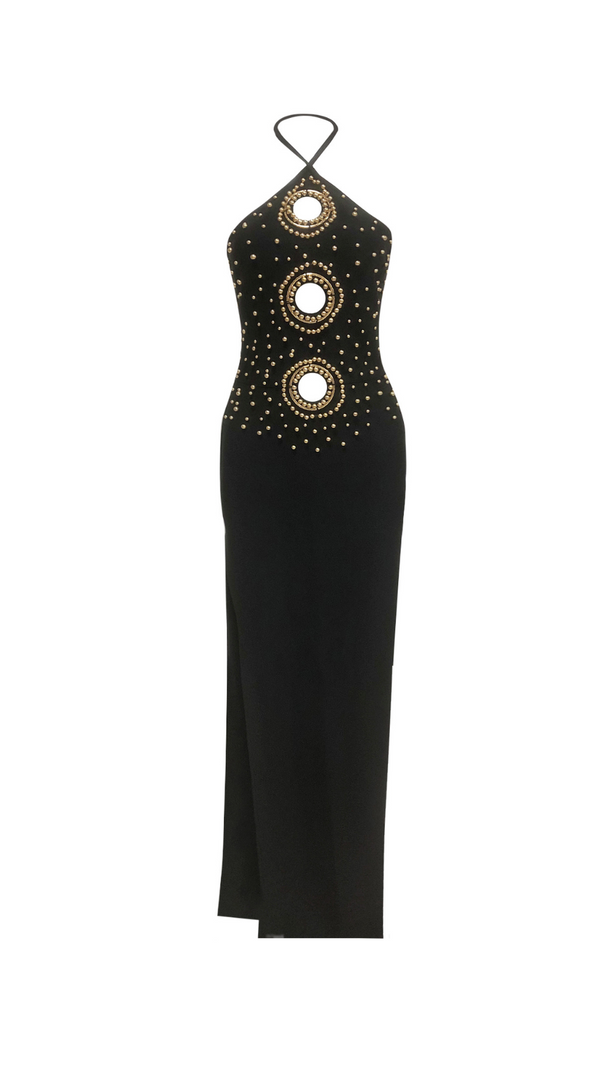 AIIZIE EMBELLISHED CUT OUT HALTER MAXI DRESS IN BLACK - product image