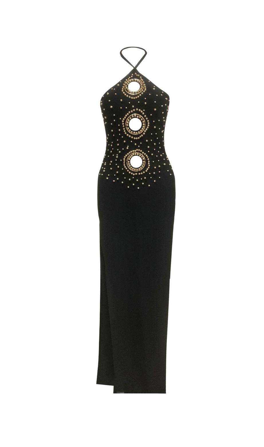 abito lungo con scollo all'americana decorato e cut-out in nero