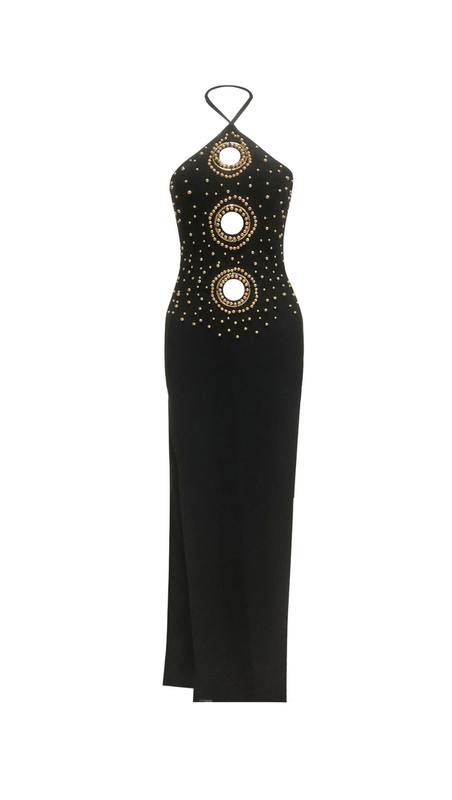 abito lungo con scollo all'americana decorato e cut-out in nero