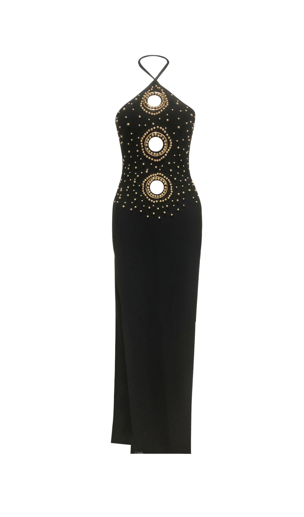 EMBELLISHED CUT OUT HALTER MAXI DRESS IN BLACK