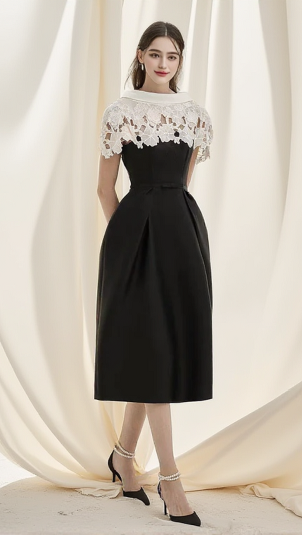 AIIZIE HOLLOW LACE SLIM A-LINE MIDI DRESS IN BLACK - product image