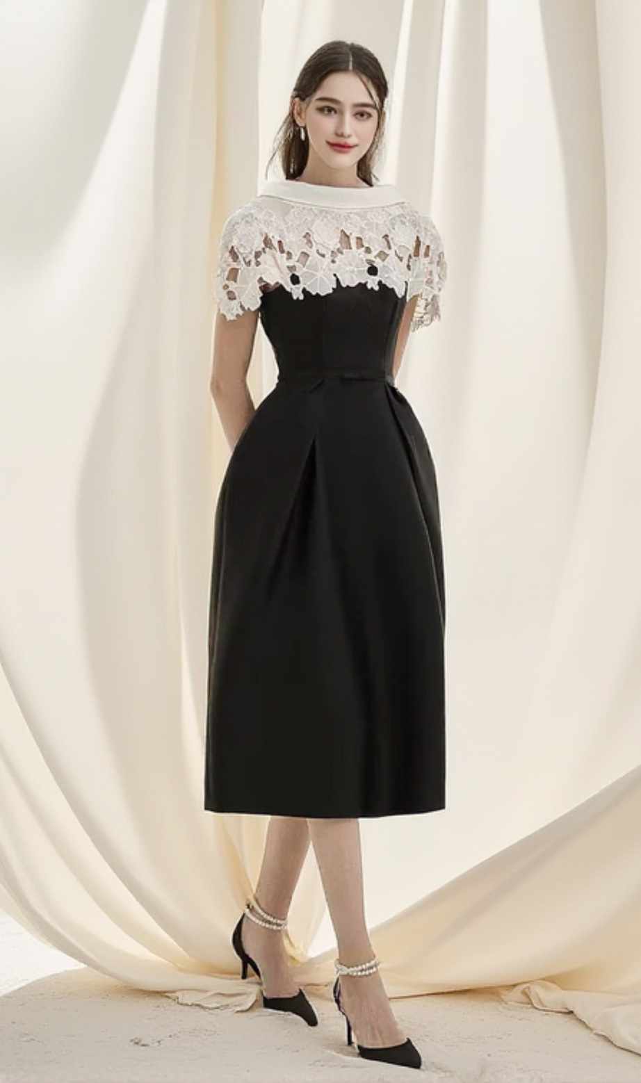 Hollow lace slim A-line midi dress in black
