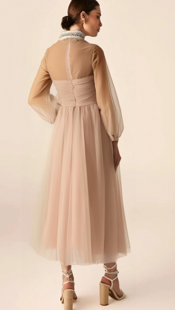 AIIZIE CALIXTE PINK EMBELLISHED TULLE MIDI DRESS - product image