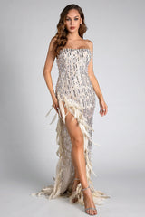 Rematou Off Shoulder Pearl Feather Slit Dress