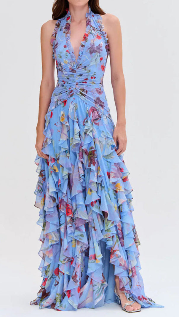 AIIZIE FLORAL HALTER RUFFLE TULLE MAXI DRESS IN BLUE - product image