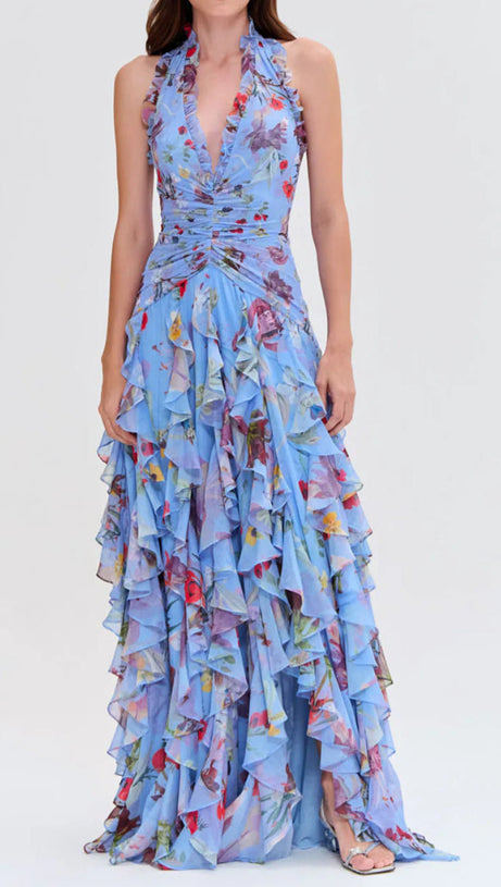FLORAL HALTER RUFFLE TULLE MAXI DRESS IN BLUE