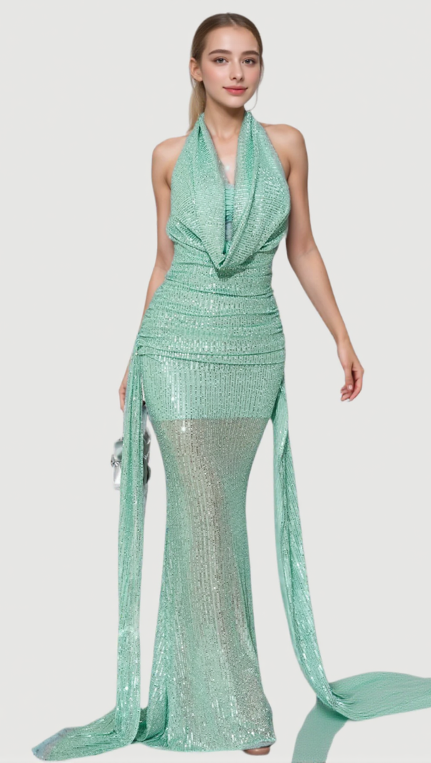 AIIZIE AGATHA COWL BACKLESS SEQUIN MAXI DRESS IN GREEN - product image