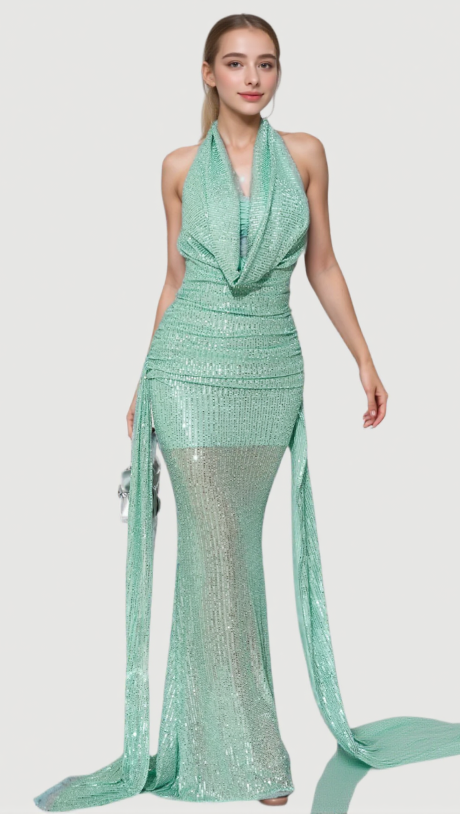 AGATHA COWL BACKLESS SEQUIN MAXI DRESS IN GREEN