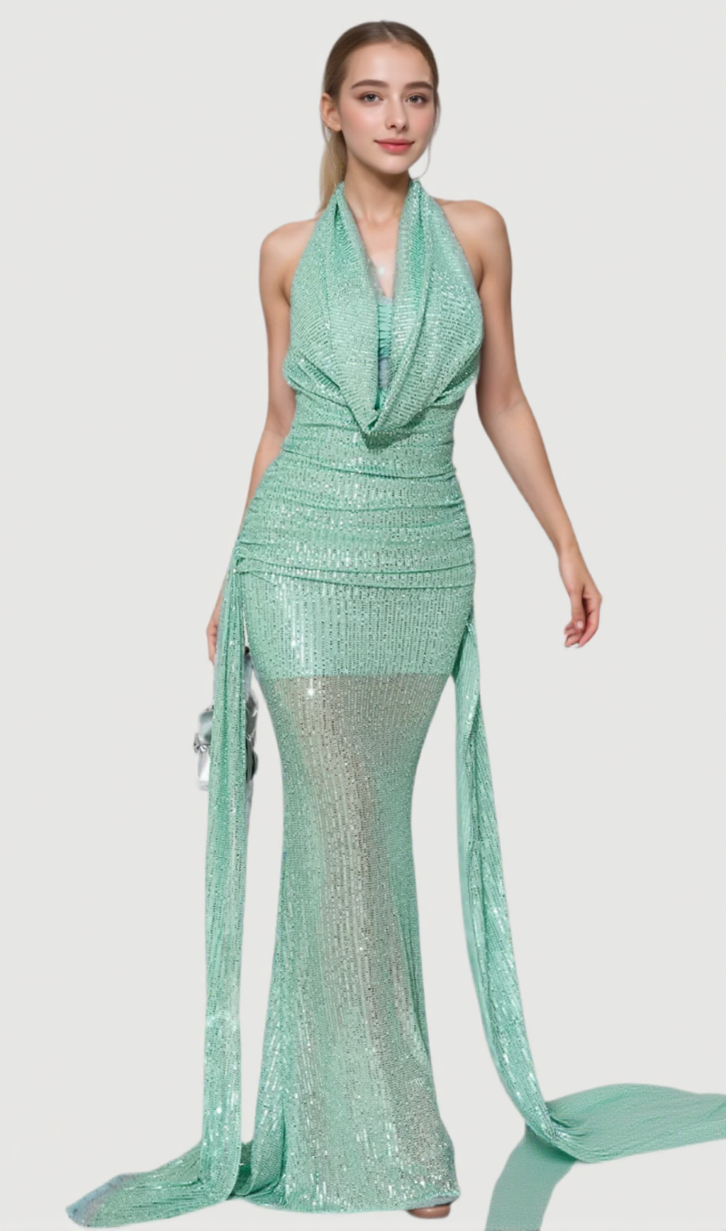 AGATHA COWL BACKLESS SEQUIN MAXI DRESS IN GREEN