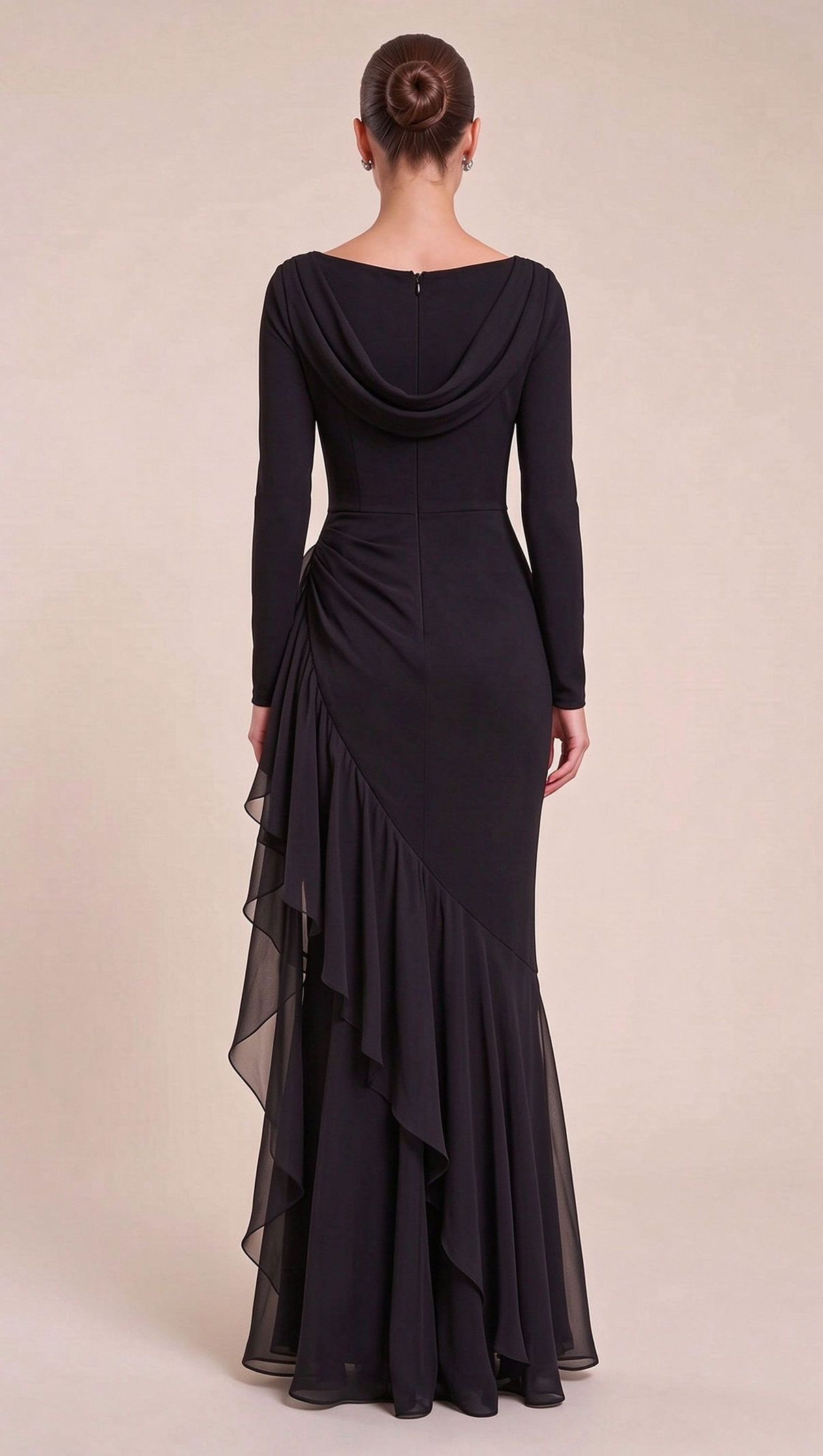 Black Mermaid Evening Gown with Sheer Ruffle Detail